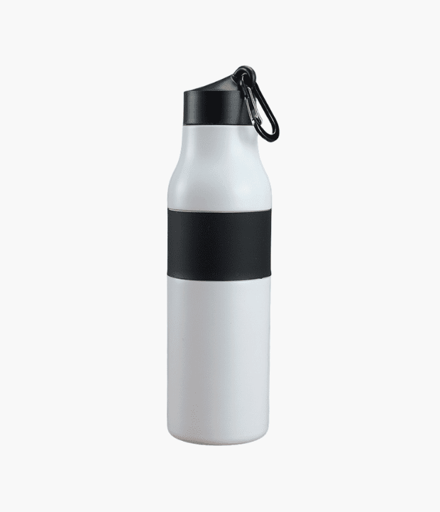 stainless steel vacuum insulated bottle with carabiner clip and silicone grip, 600ml