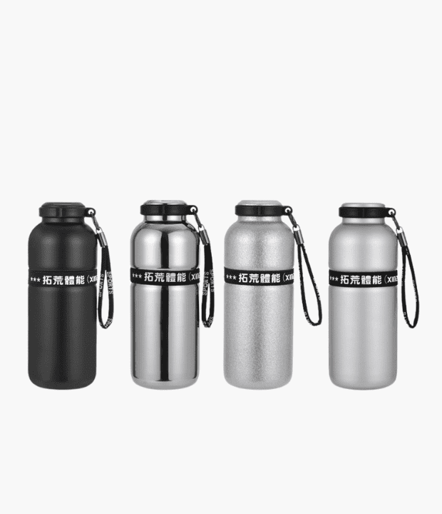 large capacity stainless steel sport thermos bottles with handle strap in black silver matte